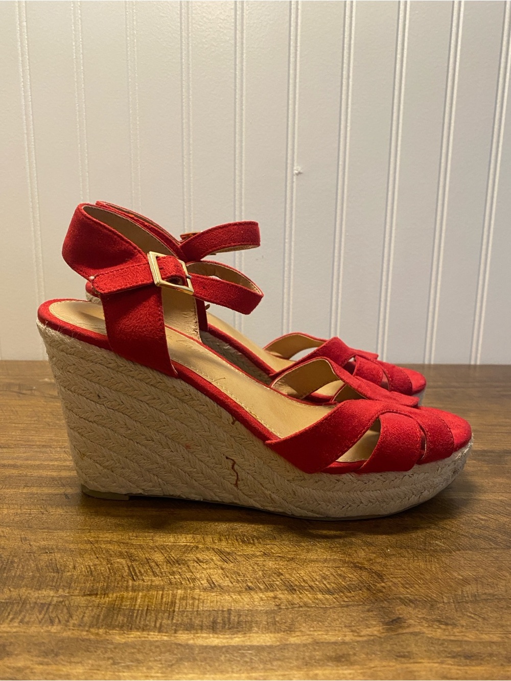 American Eagle - Red Suede Ankle-Strap Wedge Shoes - women’s size: 8